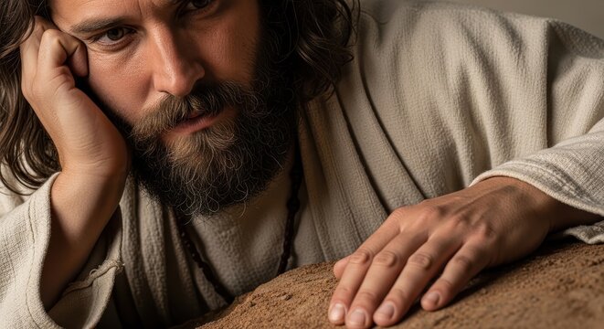 A close up portrait of a bearded man in traditional robes resting his hand upon the dusty ground