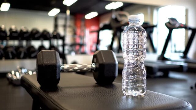 A crisp close-up shot features a heavy black dumbbell resting on a textured workout bench, accompanied by a clear plastic bottle of refreshing water. The background, softly blurred, suggests a dynamic