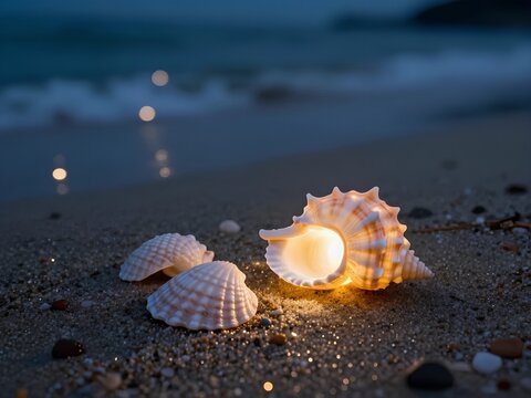 glowing shells on the sandy coast at night