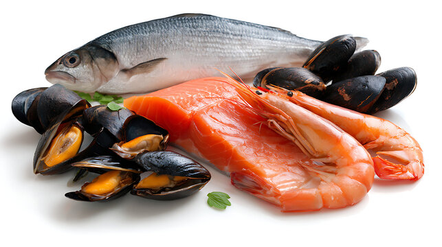 A selection of fresh seafood including fish and shellfish