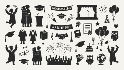 Obraz premium Graduation silhouette collection. Black icons set - cap, diploma certificate, stage, podium, microphone, fireworks, balloons, cake, champagne, book. Vector linocut style minimalist design elements.