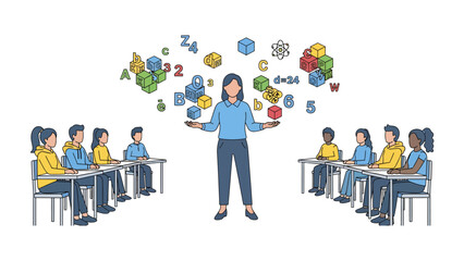 Knowledge in Motion: In an elementary school classroom, a teacher stands at the center, juggling symbols of education, engaging her diverse group of students with an innovative approach.  © azizunnahar