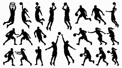 Basketball Players Silhouettes Collection on White Background