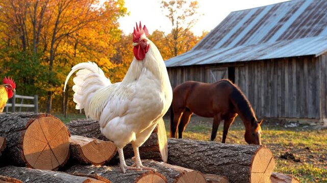 A magnificent white rooster, with a striking red comb and wattles, stands majestically on a pile of textured, chopped logs. The warm, golden hour sunlight backlights the scene, highlighting its pristi