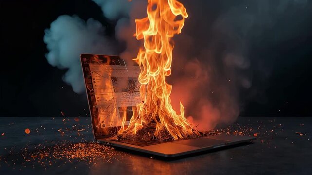 割れたパソコン画面から炎が噴き出すネット炎上コンセプト写真