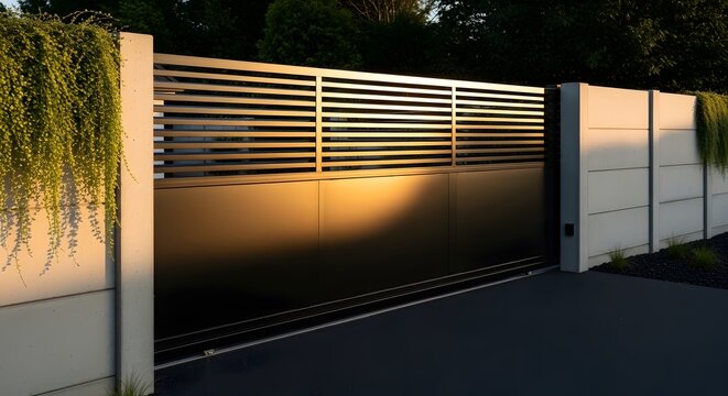 Modern sliding metal gate with horizontal slats and solid panel, set against concrete walls and green foliage.