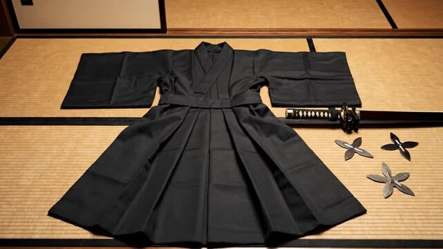 A meticulously arranged display of traditional martial arts attire and weaponry lies on a woven tatami mat, evoking a sense of ancient discipline and readiness. The dark, flowing garment, featuring pl