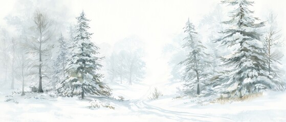 Fototapeta premium Tranquil Winter Forest Watercolor. watercolor winter snowfall pine tree land colorful