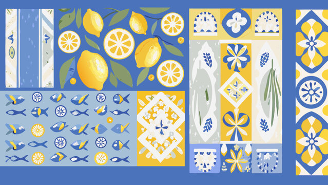 A colorful patterned collage featuring lemons fish and floral motifs