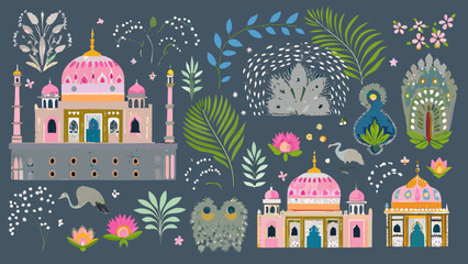 Whimsical illustration of indian architecture plants and animal motifs © Etika