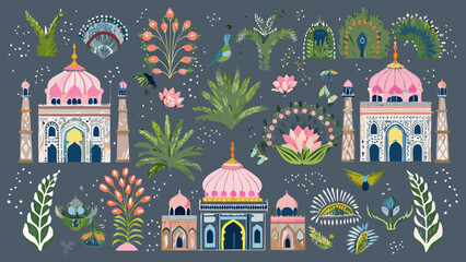 A vibrant colorful illustration of indian palaces flowers and peacocks © Etika