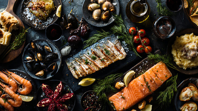 A variety of seafood and food on a table