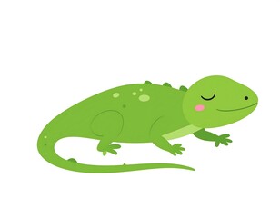 Fototapeta premium Cartoon-style green lizard with spots, pink cheeks, closed eyes, and a curled tail, on a plain white background