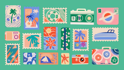 Colorful vintage postage stamps with tropical and travel themed illustrations © Etika
