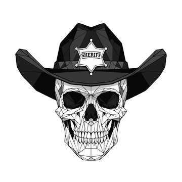 A graphic illustration of a skull wearing a sheriff's cowboy hat e7.eps