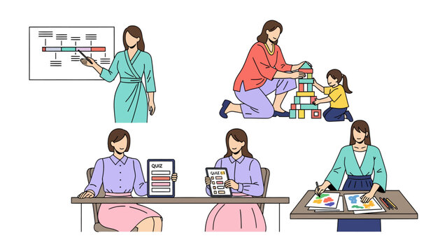 Multifaceted Woman in Varied Roles: A composite illustration capturing a woman in multiple roles and responsibilities. Presenting a timeline, nurturing a child, examining documents.