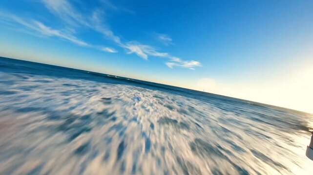 Cinematic aerial perspective showcasing a dynamic fast drone flight over the vast blue ocean where the horizon meets the sky during a clear day with crashing wave and deep turquoise water.