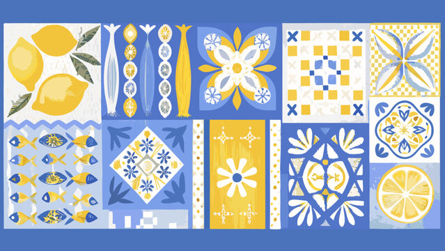 A colorful tile arrangement showcasing lemons fish and floral patterns