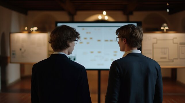 Ethics committee reviews artificial intelligence decision algorithms on transparent display boards in modest conference room, flowcharts covering walls, ideal for responsible innovation, technology