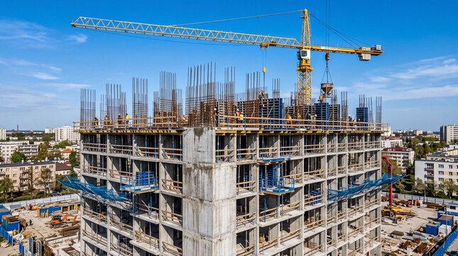 Aerial View of a Modern High-rise Building Under Construction with Tower Crane Workers and Rebar Against a Clear Blue Sky in an Urban Cityscape