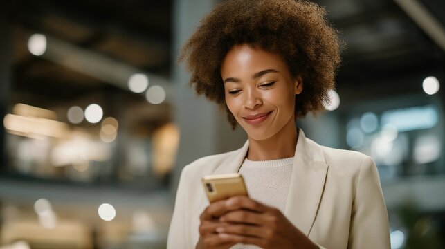 Woman photographing improved credit score notification on phone screen while standing in bank lobby, relief expression, loan approval documents visible, professional attire under bright