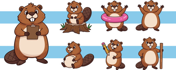 Fototapeta premium Cute Beaver Cartoon Characters Collection with Funny Poses Woodland Animal Vector Illustration Set