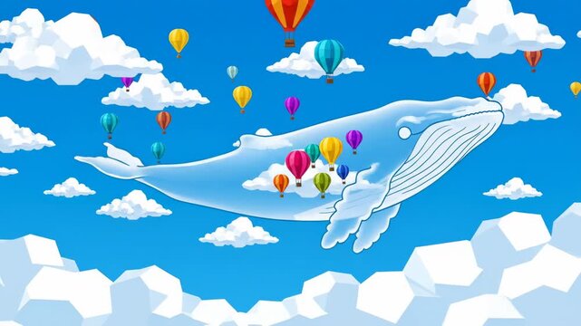 Whimsical animation of whale cloud floating with hot air balloons in blue sky cartoon style perfect for children content