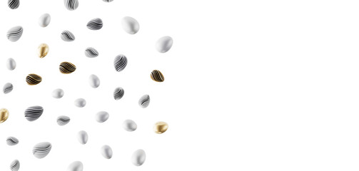 Elegant abstract design featuring Easter eggs in various metallic textures and colors, floating against a clean white ba