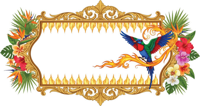 A vibrant gold frame with a colorful parrot and tropical flowers on a white background