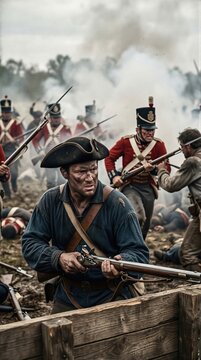 American soldier with musket in battle trench. Revolutionary war scene with man charging against British redcoat troops. Historical conflict reenactment and military tactical combat.