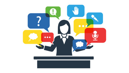 Speaker's Speech Bubbles: A poised presenter stands confidently before an audience, her words and ideas bursting forth in a vibrant display of speech bubbles.