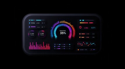 Obraz premium A sleek digital dashboard displaying colorful data visualizations, metrics, and analytics, set against a dark background, showcasing technology and design.