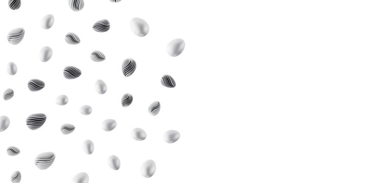 Abstract composition of eggs and textured forms floating on a white background, symbolizing nature and abstrac