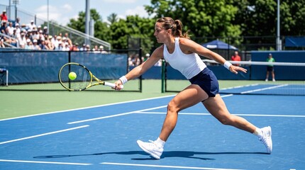 Fototapeta premium Focused female tennis player hitting a forehand shot on an outdoor hard court