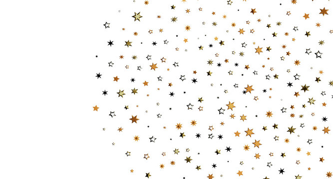 Festive golden star confetti on a white background, perfect for holiday, celebration, birthday, and party designs. Elega