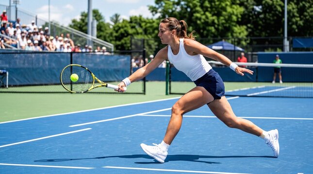 Focused female tennis player hitting a forehand shot on an outdoor hard court