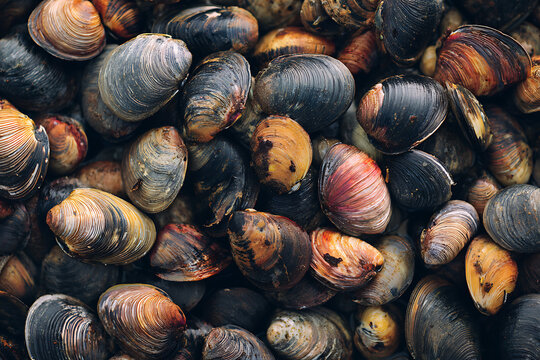 A pile of small, colorful sea snails