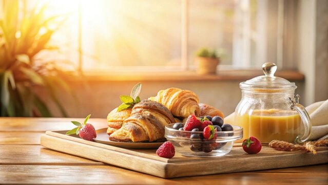 A delightful breakfast scene featuring freshly baked croissants, a medley of ripe berries, and a warm beverage, all presented on a rustic wooden tray bathed in the golden sunlight of a sunlit morning