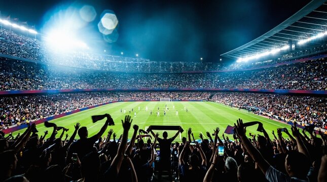 Excited Soccer Fans Cheering During a Night Football Match in a Crowded Stadium