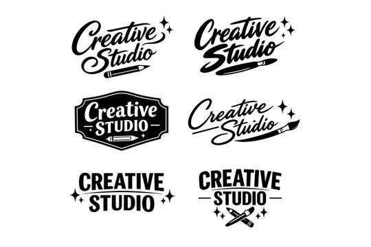 Creative studio logos with artistic pencil and brush elements
