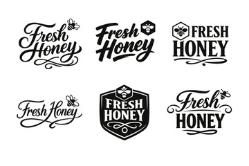 Fototapeta premium Various fresh honey logo designs featuring decorative typography and bee icons