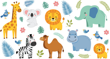 Fototapeta premium Cute Cartoon Safari Animals with Tropical Leaves Jungle Vector Illustration Set