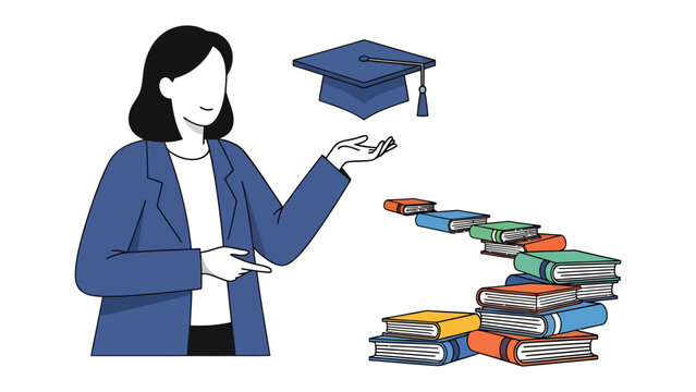 Academic Ascent: An illustration captures the journey of education, depicting a woman's guidance to a capstone representing achievement