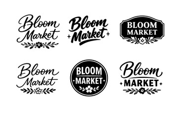 Obraz premium Vintage bloom market logo set with floral decorations and script typography