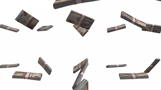 Kenya Money, Kenyan Shilling Banknotes Falling, KES Currency Stacks, White Background, 4K