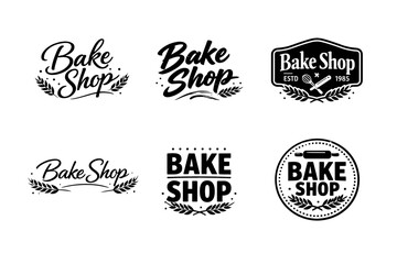 Fototapeta premium Vintage bake shop logo set with wheat and rolling pin design