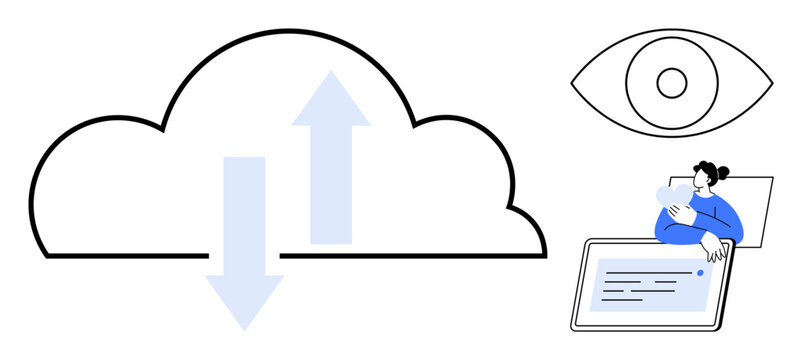 Cloud computing concept. Cloud computing with data upload and download, user interaction on digital device, and privacy by an eye. For technology, security, remote work, online storage, user data