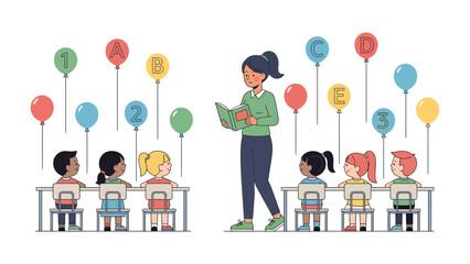 Fototapeta premium The Teacher's Tale: A compassionate educator captivates a group of young learners with a captivating story, igniting imaginations and fostering a love for reading.