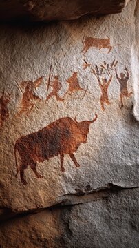 Ancient cave painting depicting hunters and a large bison on rock wall.