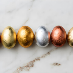 Obraz premium A row of eggs painted in bright metallic shades of gold, silver, and copper on a white marble surface. - Image #1 @Ai content creator